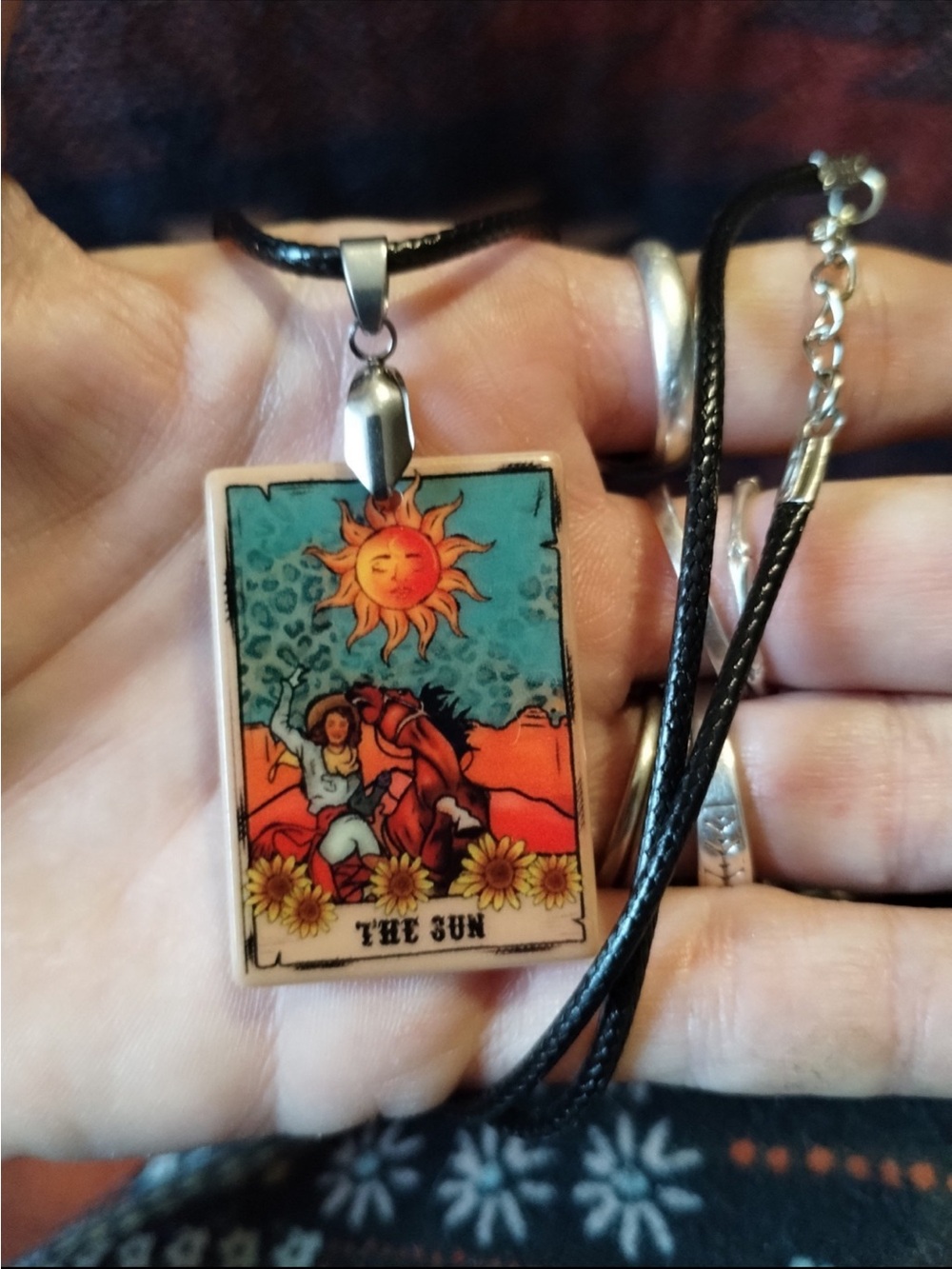 Tarot 'The Sun' Pendant Necklace - Black Cord